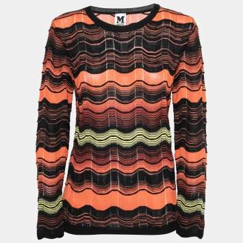 Pre Owned M Missoni Orange Patterned Knit Round Neck Long Sleeve Top L