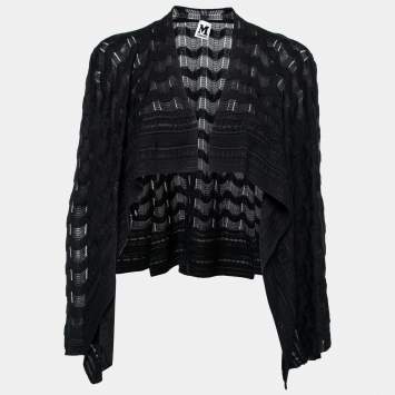 Pre Owned M Missoni Black Wave Knit Waterfall Collar Open Front Cardigan S