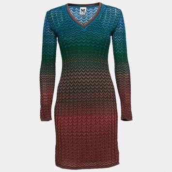 مملوكة مسبقًا M Missoni Multicolor Chevron Patterned Knit V-Neck Dress S  