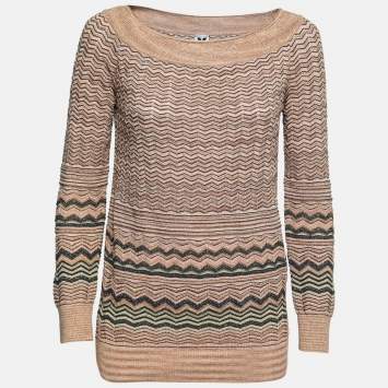 Pre Owned M Missoni Beige Chevron Patterned Lurex Knit Top M
