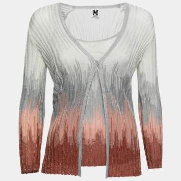 Pre Owned M Missoni Silver Metallic Patterned Ribbed Knit Cardigan & Top Set S 