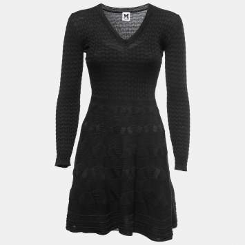 Pre Owned M Missoni Black Textured Knit V-Neck Flared Dress S