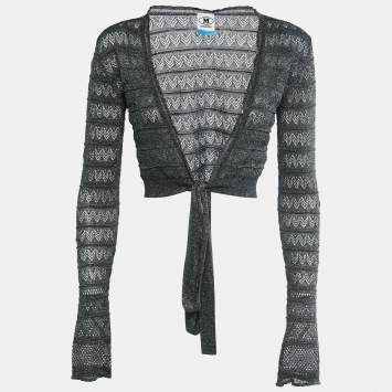 Pre Owned M Missoni Collection Green Perforated Knit Lurex Tie-Front Top S