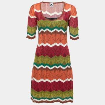 Pre Owned M Missoni Multicolor Chevron Patterned Knit Flared Dress M