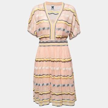 Pre Owned M Missoni Pink/Multicolor Patterned Crochet Knit V-Neck Short Dress M