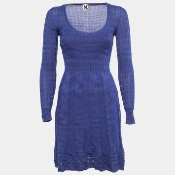 Pre Owned M Missoni Blue Patterned Knit Scoop Neck Flared Midi Dress S