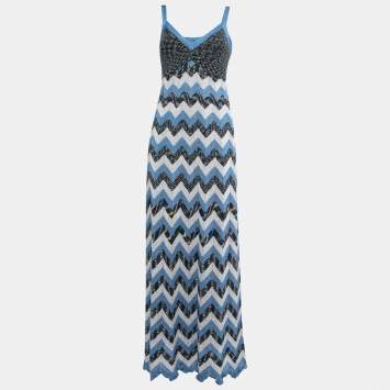 Pre Owned M Missoni Collection Blue/Multicolor Patterned Lurex Knit Sleeveless Maxi Dress M