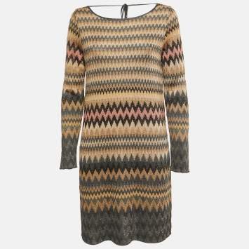 مملوكة مسبقًا M Missoni Multicolor Chevron Lurex Knit Deep Neck Detailed Mini Dress M