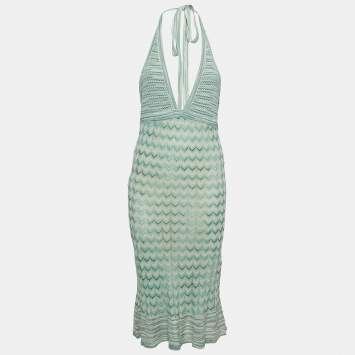 مملوكة مسبقًا M Missoni Green Chevron Pattern Knit Tie-Up Neck Midi Dress L