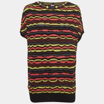 Pre Owned M Missoni Multicolor Patterned Knit Short Sleeve Sweater Top L