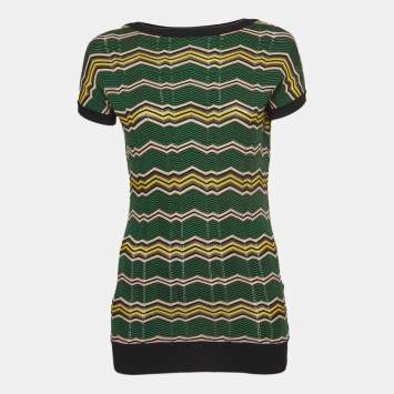 Pre Owned M Missoni Green Chevron Knit Short Sleeve Top S