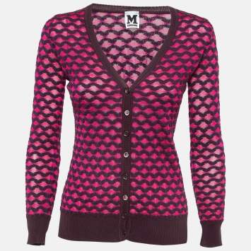 Pre Owned M Missoni Pink Chevron Pattern Knitted Buttoned Cardigan S