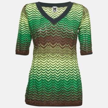 Pre Owned M Missoni Green Chevron Pattern Knit V-Neck Top L