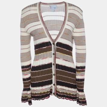 Pre Owned M Missoni Beige Striped Knit Button Front Cardigan L