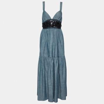 Pre Owned M Missoni Blue Sequin and Pebble Print Cotton Maxi Dress M