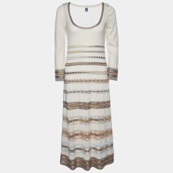 Pre Owned M Missoni Beige Striped Lurex & Wool Knit Long Dress M