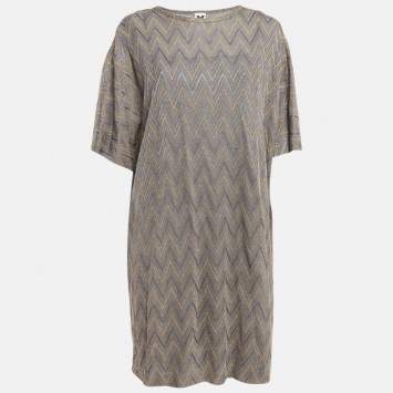 Pre Owned M Missoni Grey & Gold Chevron Pattern Lurex Knit Short Dress S