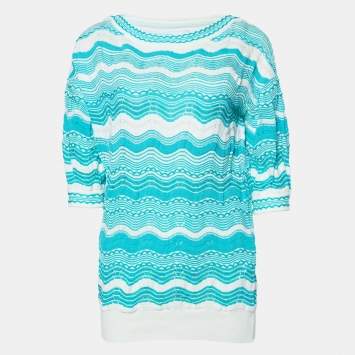 Pre Owned M Missoni White/Blue Wavy Textured Knit Jumper M