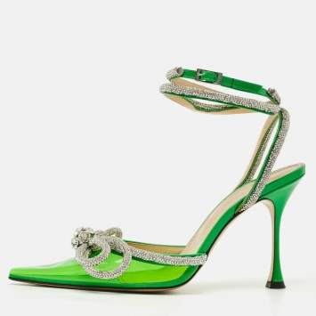 Pre Owned Mach & Mach Double Bow Size 40 Green Patent Leather and PVC Crystal Embellished Pumps