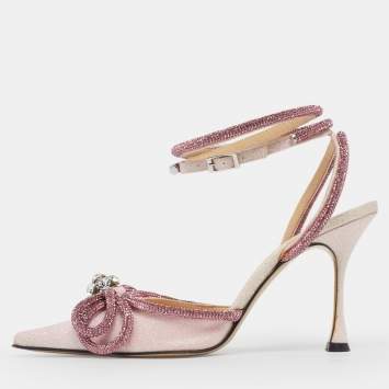 Pre Owned Mach & Mach Double Bow Size 38.5 Pink Glitter Ankle Strap Pumps