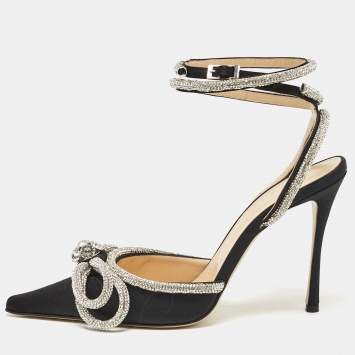 Pre Owned Mach & Mach Black Satin Crystal Embellished Double Bow Ankle Strap Pumps Size 38.5