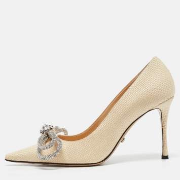 Pre Owned Mach & Mach Beige Raffia Crystal Double Bow Pumps Size 39
