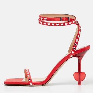 Pre Owned Mach & Mach Red Satin Crystal Embellished Ankle Strap Sandals Size 37