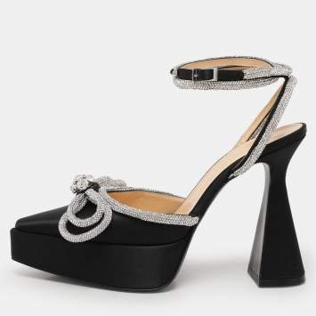 Pre Owned Mach & Mach Black Satin Double Bow Crystal Embellished Platform Pumps Size 39