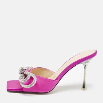 Pre Owned Mach & Mach Pink Satin Double Bow Slide Sandals Size 38.5