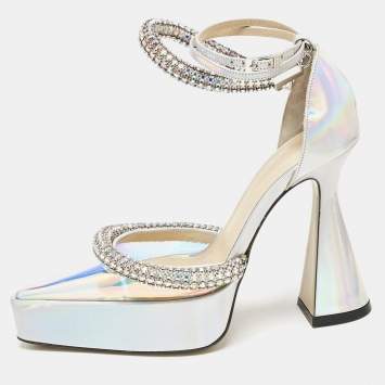 Pre Owned Mach & Mach Silver Iridescent PVC Crystal Embellished Kimberly Platform Pumps Size 36