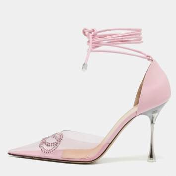 Pre Owned Mach & Mach Pink Leather and PVC Crystal Embellished Bow Ankle Tie Pumps Size 39.5