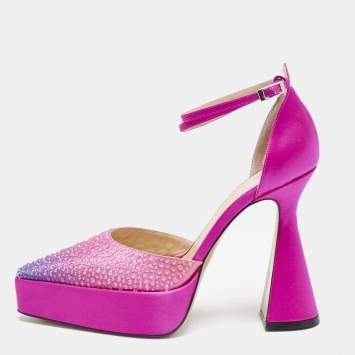 Pre Owned Mach & Mach Pink Satin Galaxy Crystalized Platform Pumps Size 38