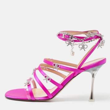 Pre Owned Mach & Mach Pink Satin Crystal Bow Camille Sandals Size 38.5