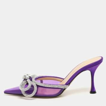 Pre Owned Mach & Mach Purple Satin Crystal Embellished Double Bow Mules Size 37,5