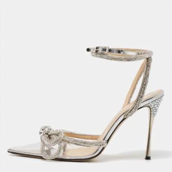 Mach & Mach Silver Patent Leather and PVC Double Bow Ankle Wrap Pumps Size 37