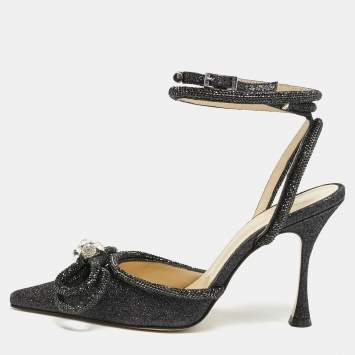 Pre Owned Mach & Mach Black Glitter Leather Double Bow Ankle Wrap Pumps Size 37