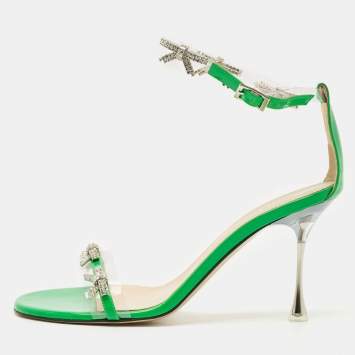 Mach & Mach Green Patent Leather and PVC Floating Crystal Bow Sandals Size 39.5