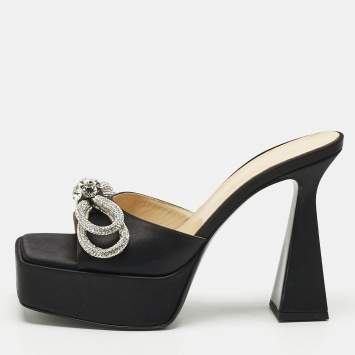 Mach & Mach Black Satin Double Bow Platform Slide Sandals Size 41