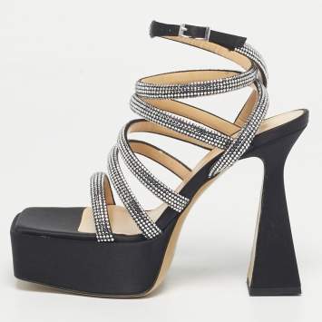 Pre Owned Mach & Mach Black Satin Sydney Platform Sandals Size 38