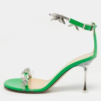 Pre Owned Mach & Mach Green Patent Leather and PVC Floating Crystal Bow Sandals Size 37.5