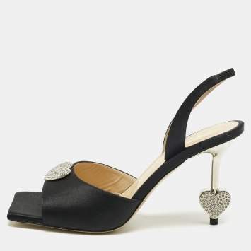 Pre Owned Mach & Mach Black Satin Heart Crystal Slingback Sandals Size 38.5