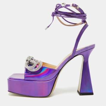 Pre Owned Mach & Mach Purple Iridescent Leather Double Bow Platform Sandals Size 41