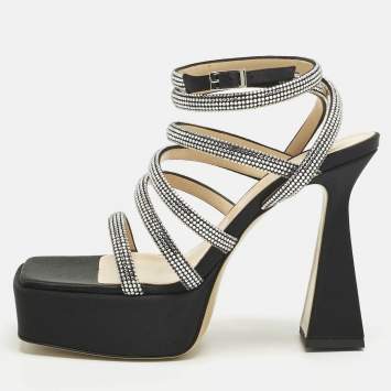 Pre Owned Mach & Mach Black Satin Sydney Crystal Embellished Platform Sandals Size 40