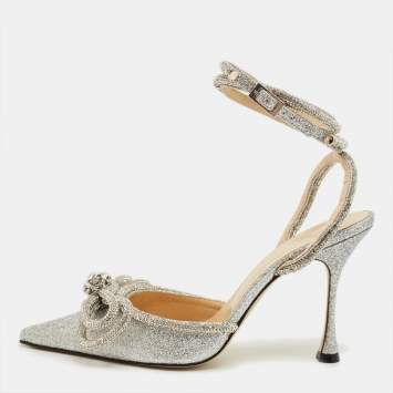 Pre Owned Mach & Mach Silver Glitter Crystal Embellished Double Bow Pumps Size 38.5