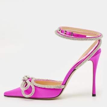مملوكة مسبقًا Mach & Mach Double Bow Size 41 Pink Satin Ankle Strap Pumps