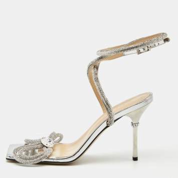 Pre Owned Mach & Mach Silver Leather and PVC Crystal Embellished Bow Ankle Strap Sandals Size 40