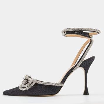 Pre Owned Mach & Mach Black/Silver Glitter Embellished Double Bow Ankle Strap Pumps Size 40