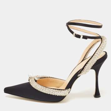 Pre Owned Mach & Mach Black Satin Georgia Crystal Embellished Slingback Pumps Size 39