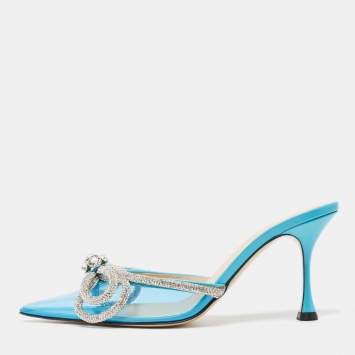 Pre Owned Mach & Mach Blue PVC Crystal Embellished Double Bow Mules Size 39