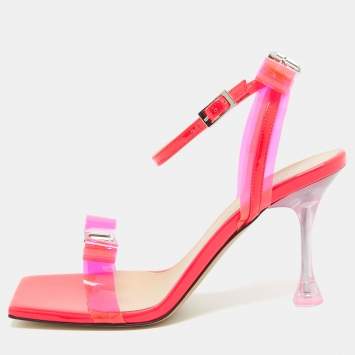 Mach & Mach Neon Pink PVC and Patent Leather French Bow Square Sandals Size 38.5